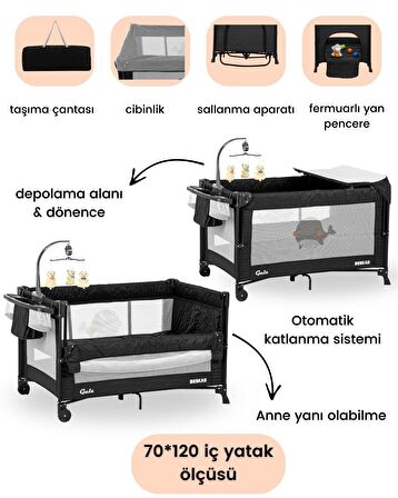 Gulz Beskar Anne Yanı Sallanır Cibinlikli Dönenceli Alt Açmalı Oyun Parkı Bebek Beşik 70X120 cm